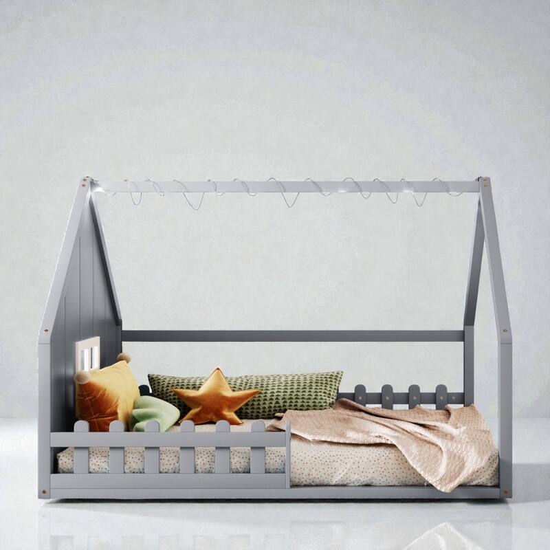 Full Size Wood House Bed with Window, Fence and LED Lights, Rustic Kids Floor Bed Frame