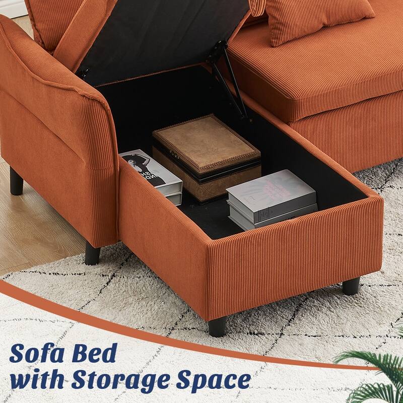 80-inch Gray Corduroy L-Shape Convertible Sofa Bed, Storage, 2 Pillows