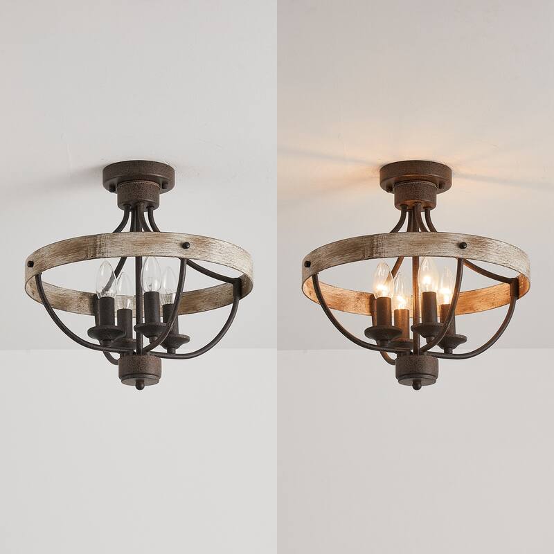 4-Light Rusted Brown Wood Semi-Flush Mount Ceiling Light