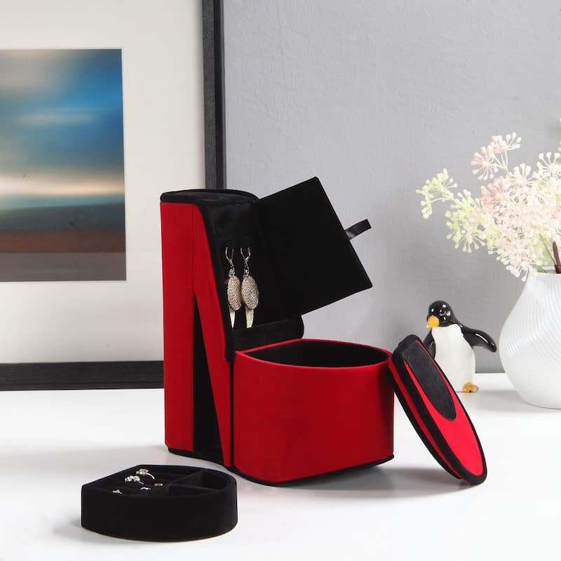 9" Tall Display Jewelry Box with Hidden Storage, High Heel Shoe Design, Red Velvet