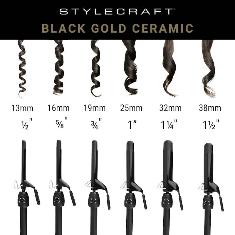 StyleCraft Black Gold Stay-Temp Professional Curling Iron Set 3 sizes included 1", 1.25" and 1.5"