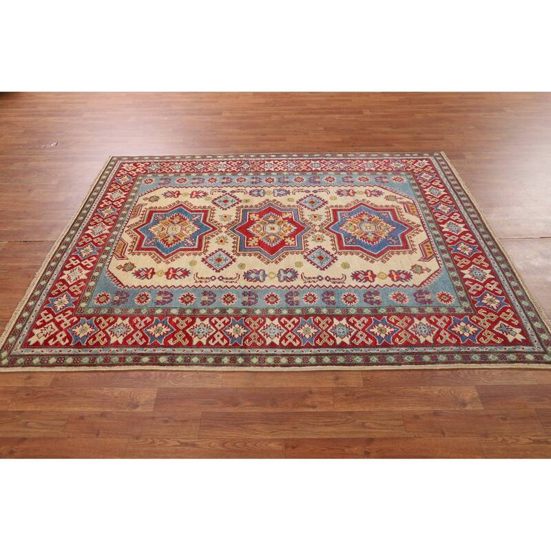 Geometric Kazak Oriental Area Rug Hand-Knotted Beige Wool Carpet - 4'11" x 6'4"