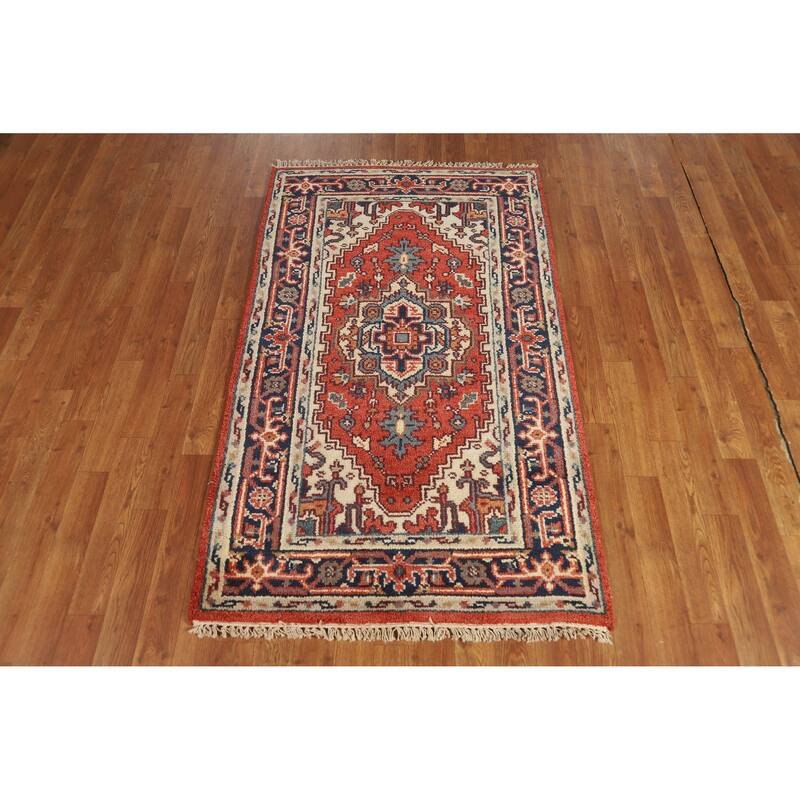 Hand Knotted Oriental 100% Wool Carpet Traditional Medallion Oranges & Rust Heriz (serapi) Area Rug - 5' 1'' X 3' 0''