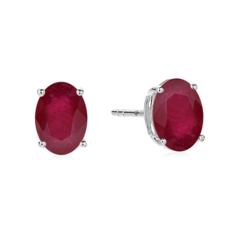 Sterling Silver 8x6 Oval Genuine Gemstone Birthstone Stud Earrings - Red - Ruby