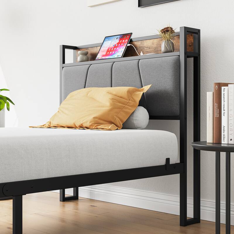 Twin Size Bed Frame with Storage Headboard and Charging Station, Solid and Stable, Easy Assembly