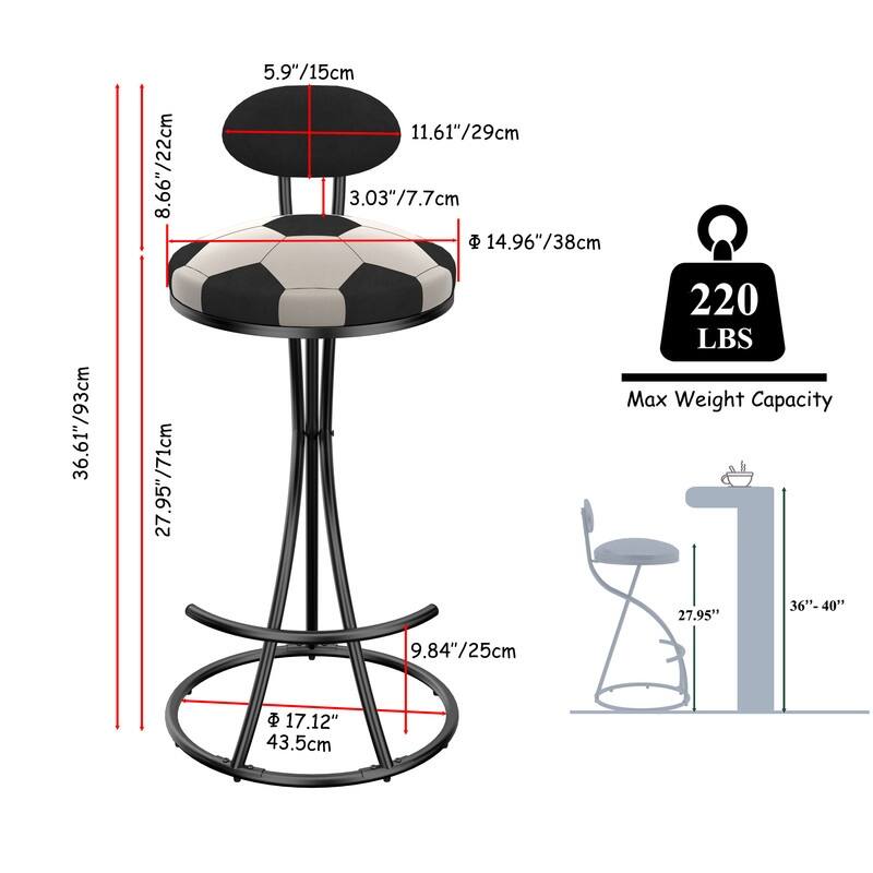 Football Print Bar Stools Set of 2 Upholstered Counter Height Barstool for Kitchen Island S-shaped Velvet Metal Dining Chairs