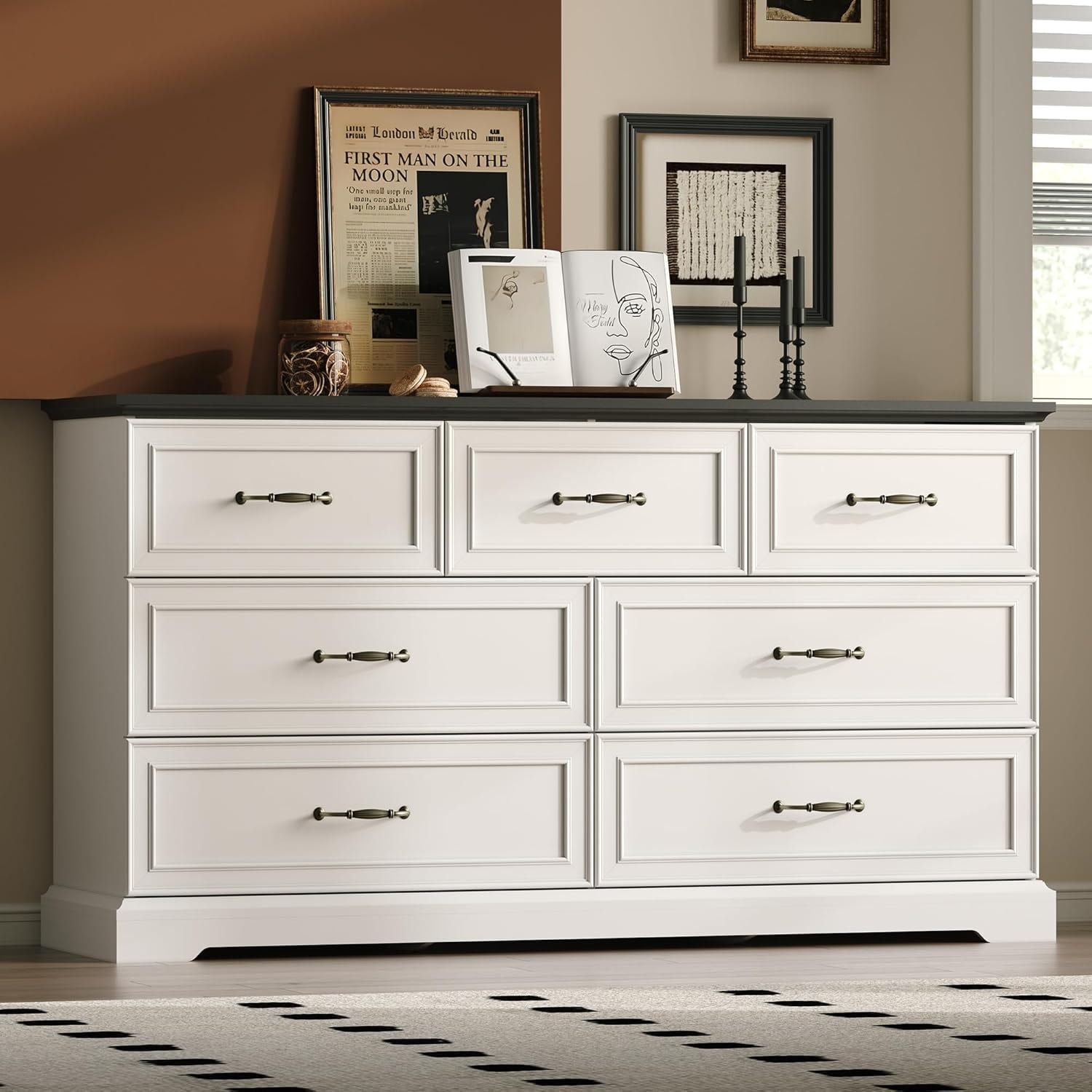 Modern 7-Drawer Rustic Wood Dresser for Bedroom, Living Room, or Hallway, White