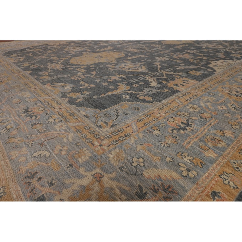 Vegetable Dye Floral Oushak Turkish Large Rug Handmade Wool Carpet - 11'11"x 14'7"