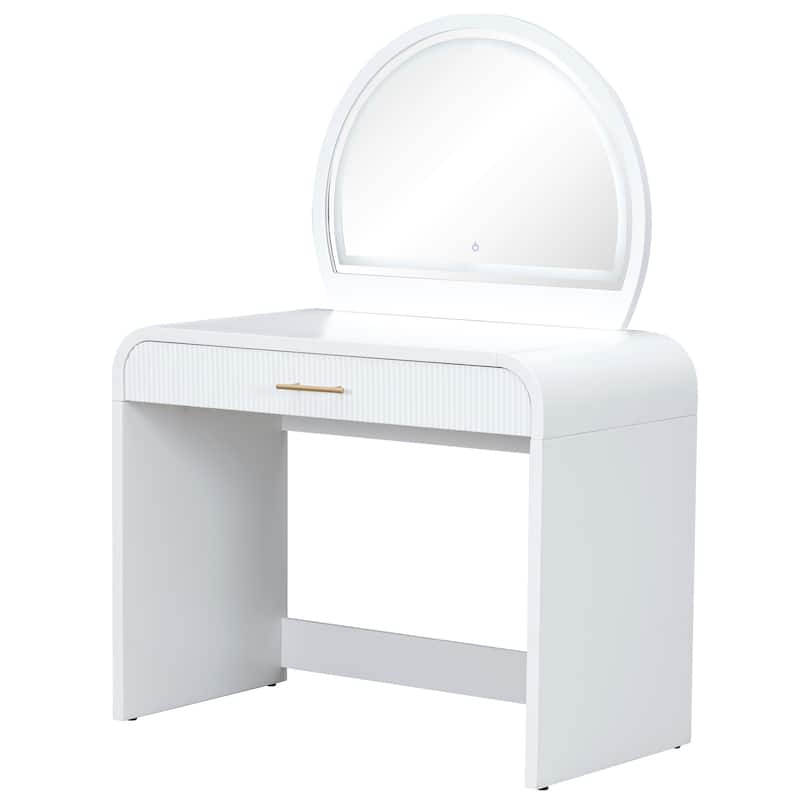 39" Makeup Vanity Table with LED Touch Screen Lighted Mirror, Curved Dressing Table Office Desk with Drawer
