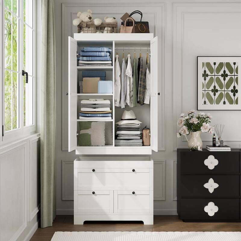 Meyreso White Modular Wardrobe Closet with Drawers, Convertible Stacking Armoire - N/A