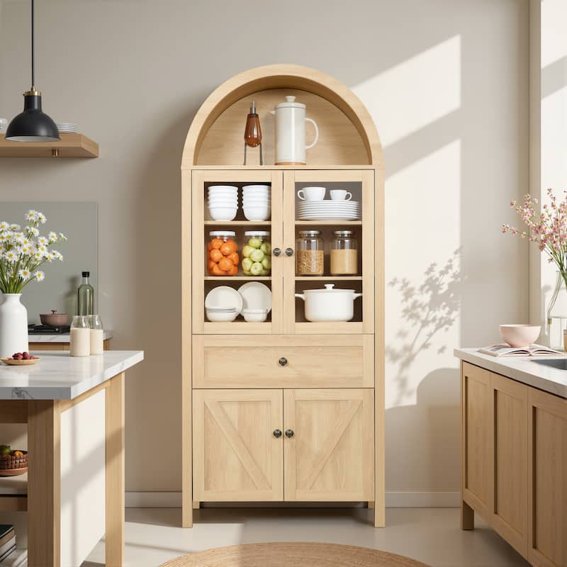 71" Tall Arched Kitchen Pantry Cabinet, Wood Kitchens Storage Cabinets with Drawers and Open Shelves, Modern Versatile Cupboard - Natural