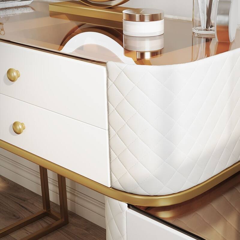 Modern Makeup Vanity Set with Mirror，Tempered Glass Tabletop, 6 Solid Wood Drawers with Leather, Gold-Plated, Stool, Beige