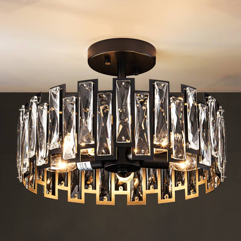 5-Light Mid-Century Modern Glam Drum Crystal Semi-Flush Mount Light