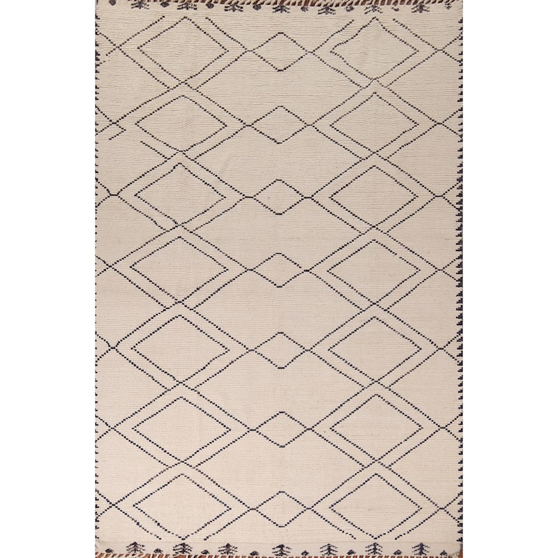 Trellis Geometric Ivory Moroccan Area Rug Handmade Wool Carpet - 7'11"x 10'9"