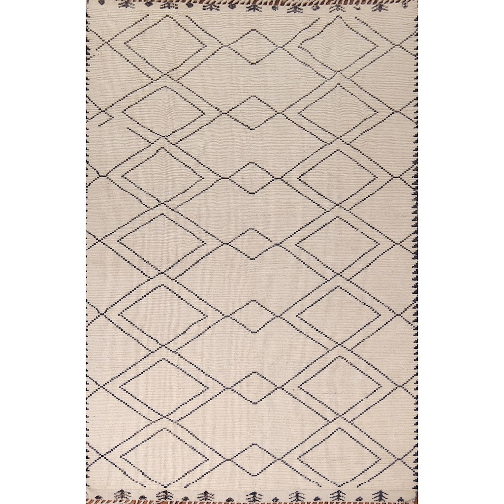 Trellis Geometric Ivory Moroccan Area Rug Handmade Wool Carpet - 7'11"x 10'9"