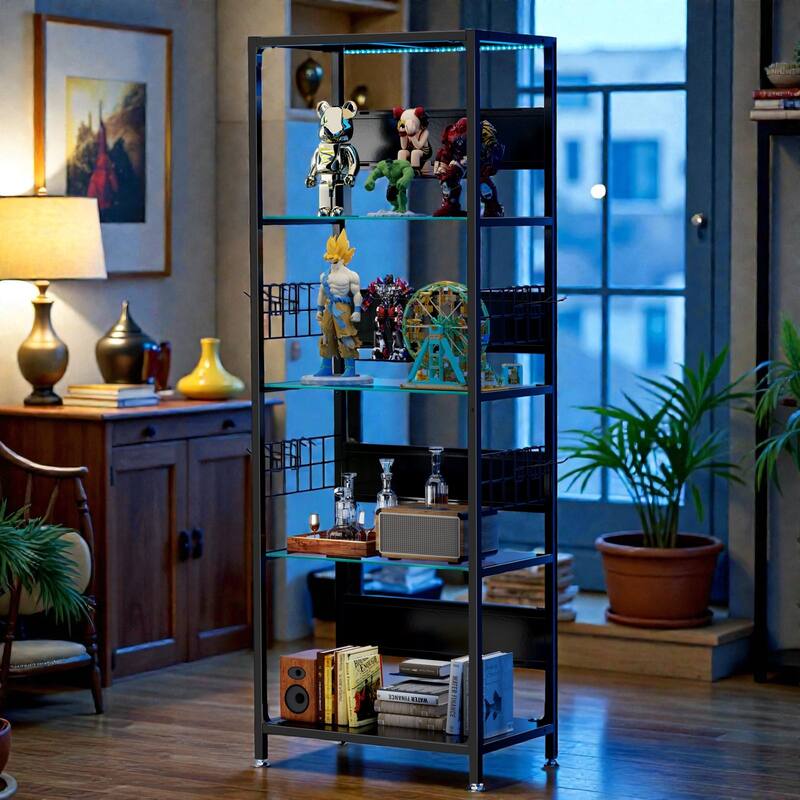 4 Tier Glass Display Shelf with RGB LED Lights, Metal Standing Curio Shelf with Adjustable Box and Hooks