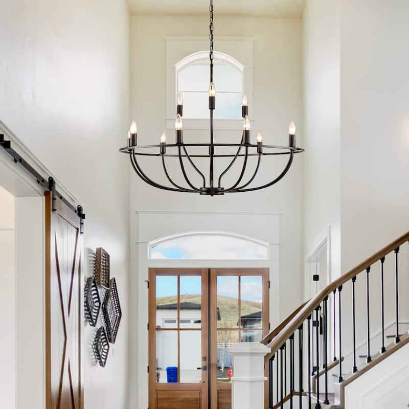 12 - Light Dimmable Black Wagon Wheel Chandelier - N/A
