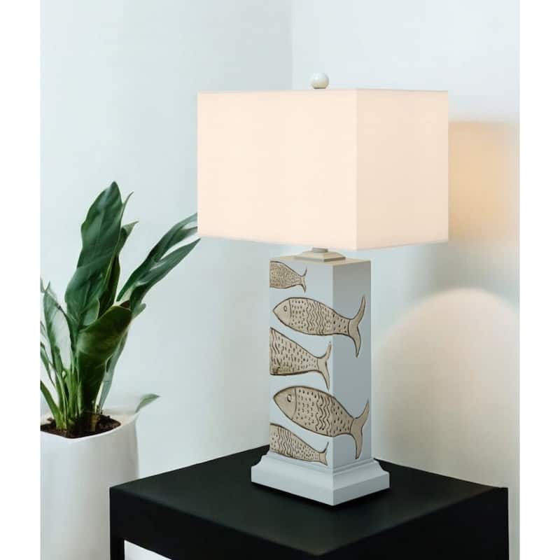 Blue Resin Table Lamp Set of 2 with White Linen Drum Shades and 3 Way Switch - 15” x 9” x 28” (D x W x H)