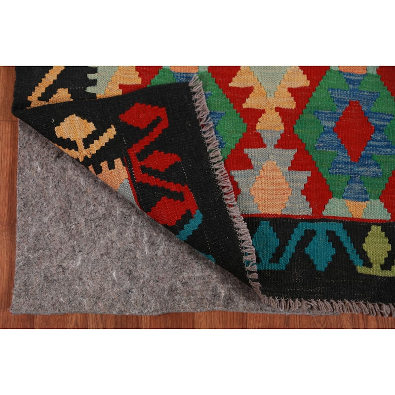 Hand Woven Oriental 100% Wool Carpet Southwestern Geometric Multi-Colored Kilim Runner Rug - 12' 9'' X 2' 9''