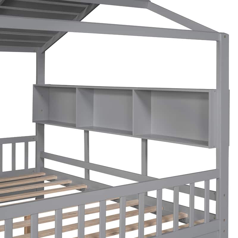 Full Wooden House Bed with Roof, Drawers, and Shelf