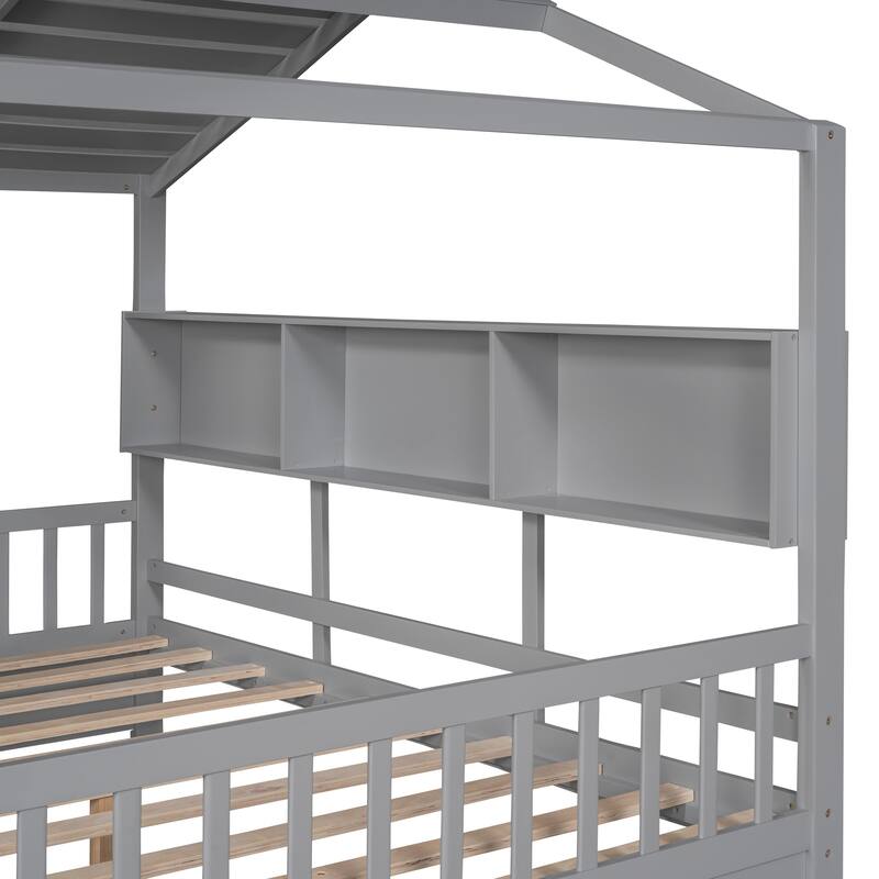Pine House Bed with Drawers, Shelf & Roof