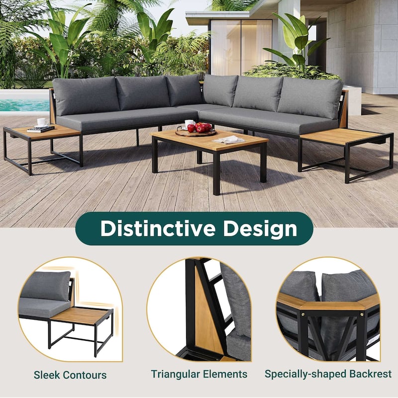 4-Piece Iron-Wood Patio Sofa Set with Waterproof Cushions