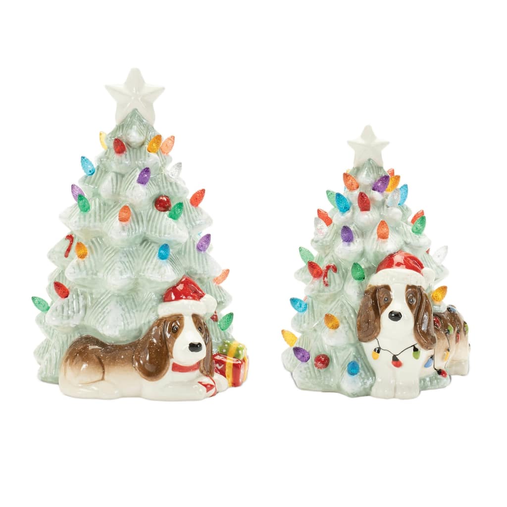 LED Lighted Ceramic Dog with Christmas Tree Decorations - 8" - Set of 2