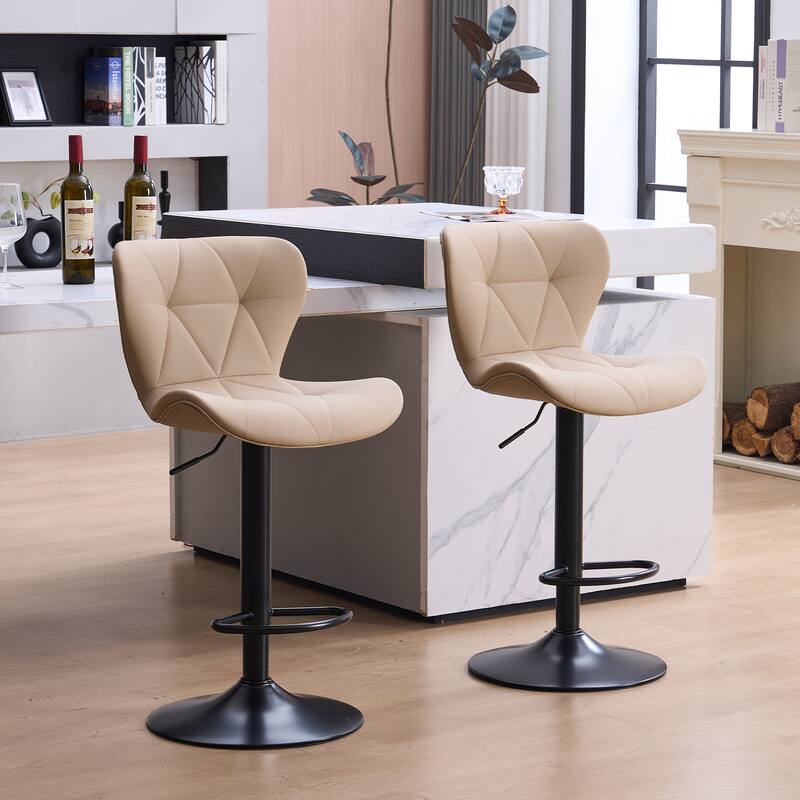 Set of 2 Modern Adjustable Height Bar Stools Padded PU Leather Swivel Stools - Khaki