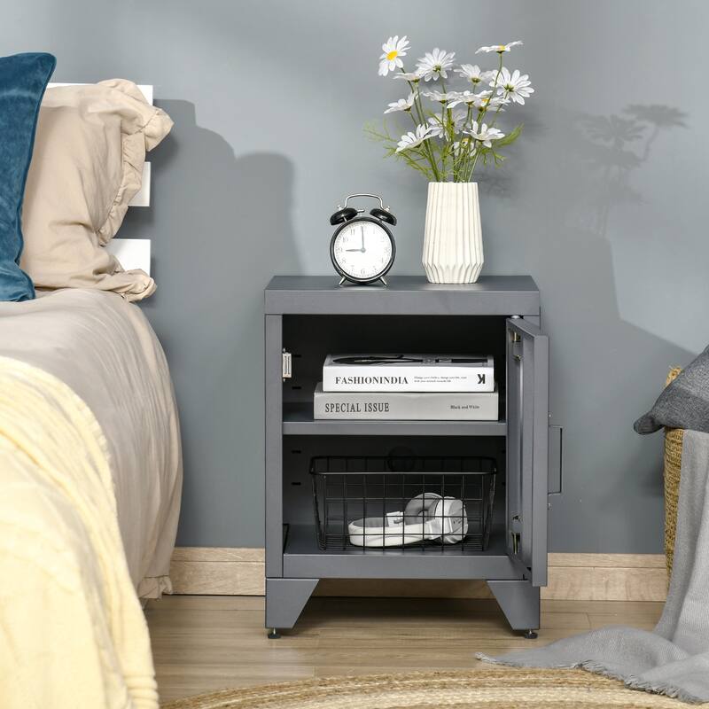 Steel End Table with Adjustable Shelf and Magnetic Door Storage
