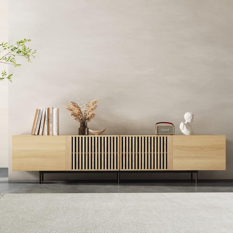 Stylish mid-century modern TV stand for up to 80" TVs. Ample storage for media devices, cable management. easy assembly.