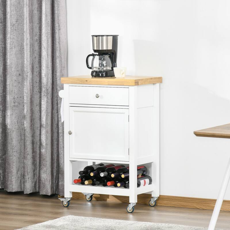 HOMCOM Utility Kitchen Cart, Rolling Kitchen Island with Smooth Rubberwood Top, Narrow Butcher Block Surface on Wheels - White - Kitchen Cart