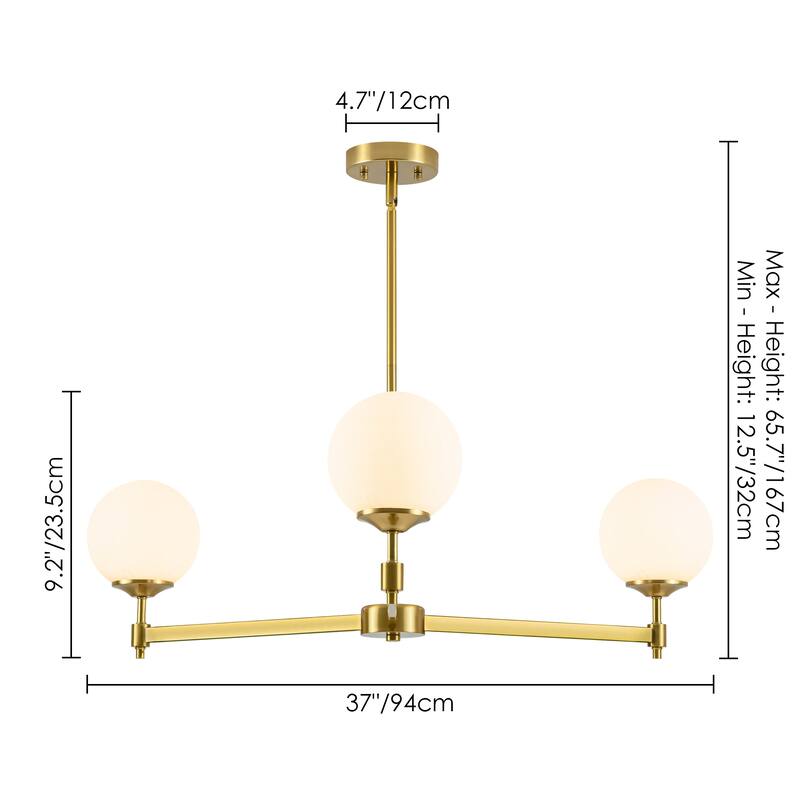 3-light Mid-Century Modern Gold/Black Sputnik Metal Frosted Glass Globe Chandelier for Dining/Living Room