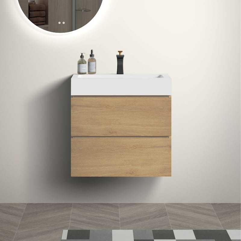 Single Sink Wall-Mounted Bath Vanity in Oak with White Solid Surface Top