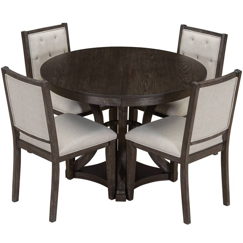 5-Piece Extendable Vintage Dining Set with Round Oak Table and 4 Padded Chairs
