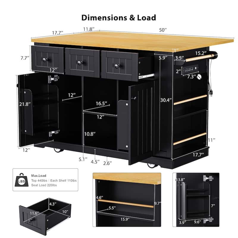 Kitchen Island on 5 Wheels with Drop Leaf, Kitchen Island Cart with Power Outlet, Movable Carts with Internal Storage Rack