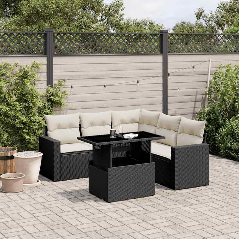 vidaXL Patio Sofa Set with Cushions Outdoor Furniture 6 Piece Poly Rattan - 21.7 x 39.4 x 28.7 - Black and Cream