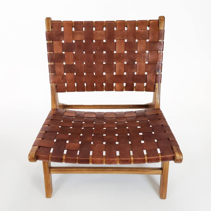 Brisot Square Weave Leather on Teak Wood Lounge Chair