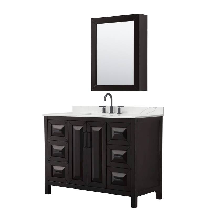 Daria 48-inch Single Vanity, 3 Hole Quartz Top, Med Cabinet - Dark Espresso, Black Trim, Giotto Quartz Top