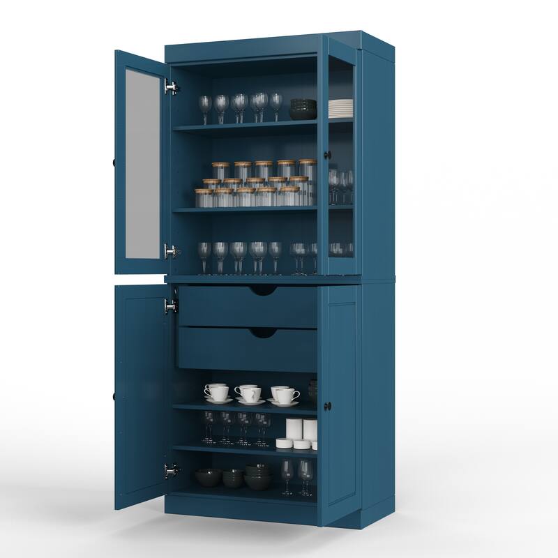 Palace Imports Solid Wood Pantry Cabinet, Raised Panel & Clear Glass Doors, 2 Drawers, Adjustable Shelves