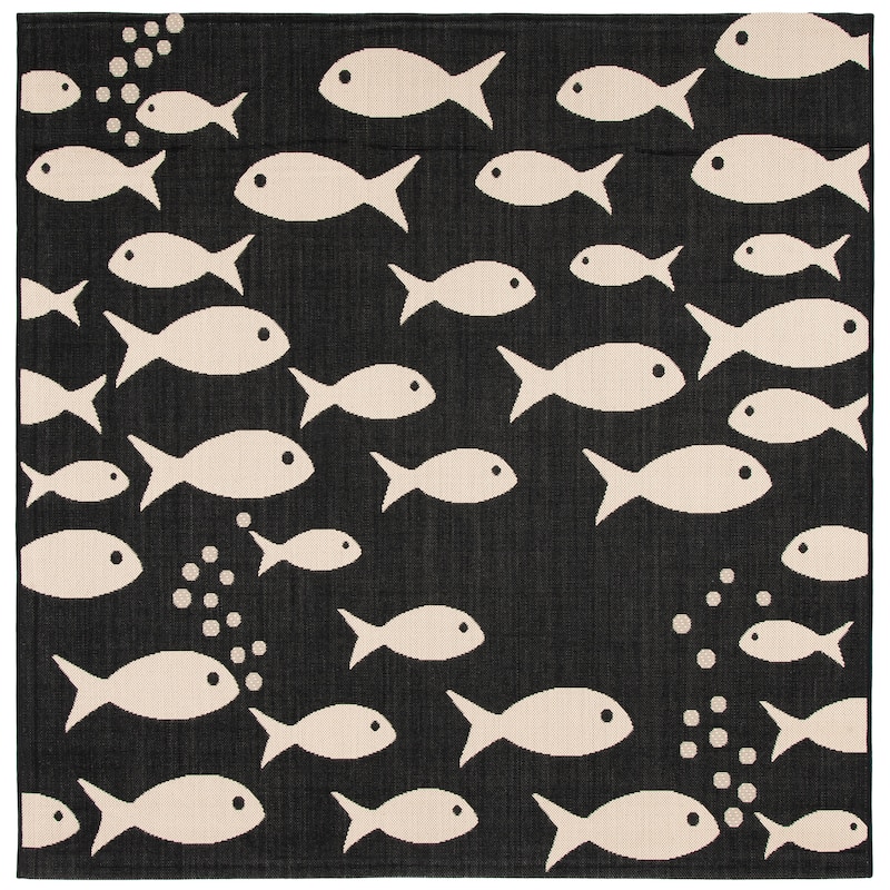 SAFAVIEH Courtyard Illa Indoor/ Outdoor Waterproof Patio Backyard Rug - 6'7" x 6'7" Square - Black/Beige