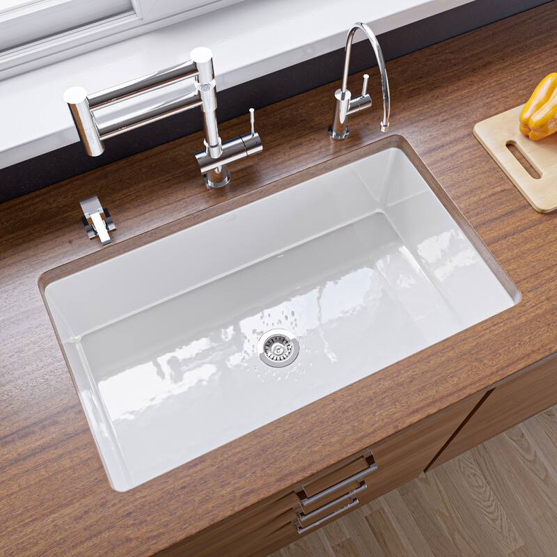 ALFI brand ABF3219SUD-W White Fireclay 32" x 19" Single Bowl Undermount / Drop In Fireclay Kitchen Sink