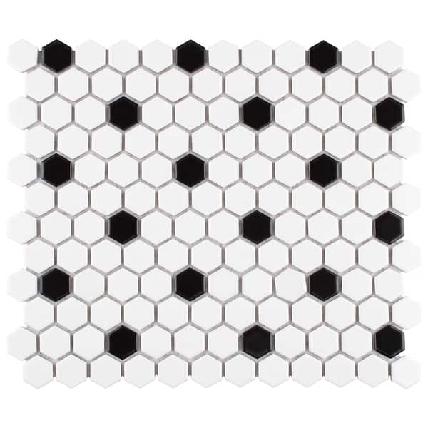 Merola Tile Madison Hex Matte 11-7/8 in. x 10-1/4 in. x 6mm Cool White with Black Dot Porcelain Mosaic Tile Merola Tile Madison Hex Matte 11-7/8 in. x 10-1/4 in. x 6mm Cool White with Black Dot Porcelain Mosaic Tile