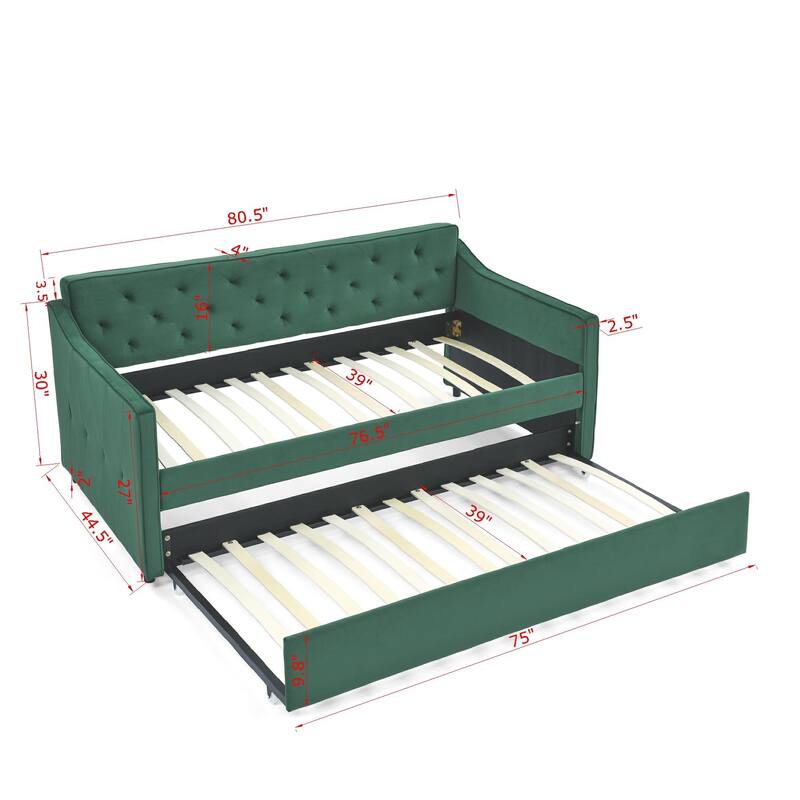 Roomfitters Twin Upholstered Daybed with Twin Trundle, Tufted Backrest and Elegant Waved Arms