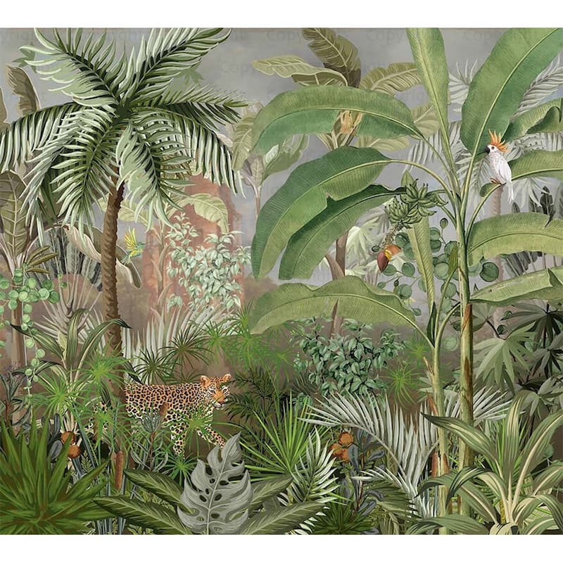 Jungle Adventure Vibrant Wildlife Wallpaper Mural with Lush Greenery - Green - W:131" x H:118"