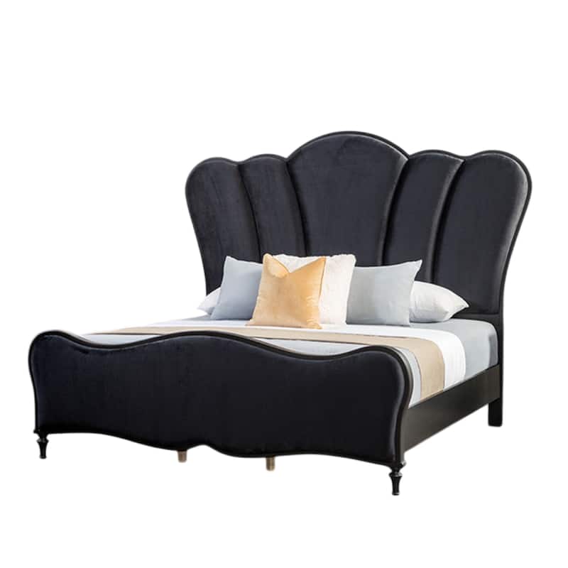 Eleena King Bed, Scalloped Padded Channel Tufting, Black Upholstery