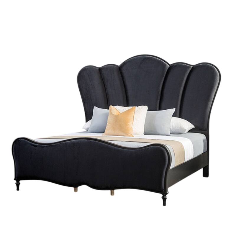 Eleena Queen Bed, Scalloped Padded Channel Tufting, Black Upholstery
