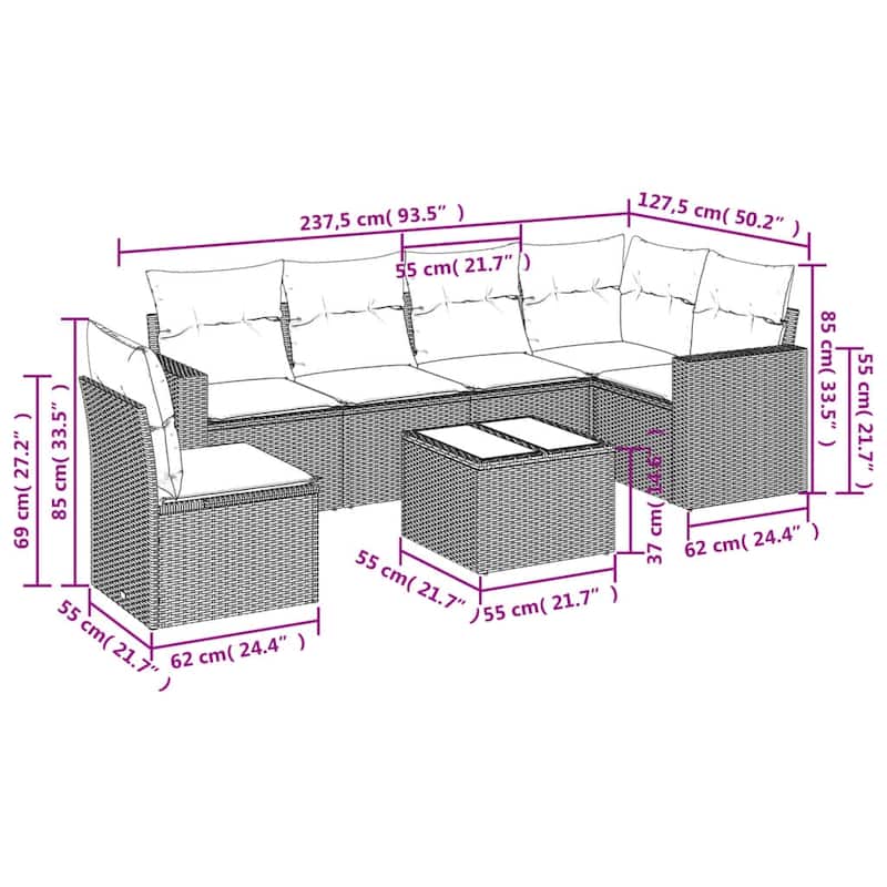 vidaXL Patio Sofa Set with Cushions Outdoor Conversation Furniture Poly Rattan - 25.8" x 24.4" x 27.2"