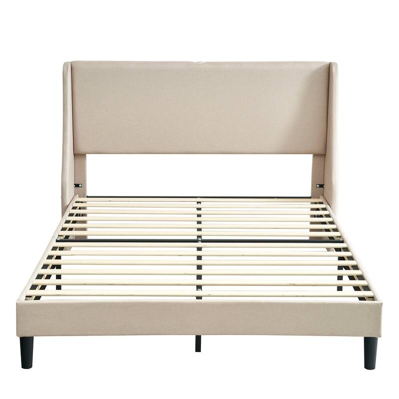 VECELO Bed Frame with Upholstered Wingback Headboard,Platform Bedframe with Charging Station & Side Pockets