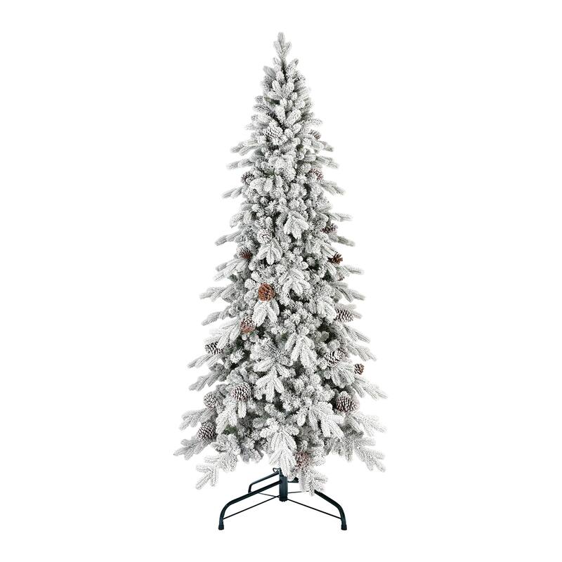 8 FT Flocked PE/PVC Christmas Tree with 44 Natural Pine Cones-1634Tips, Space-Saving Design, Hinged Branches, Stable Metal Stand