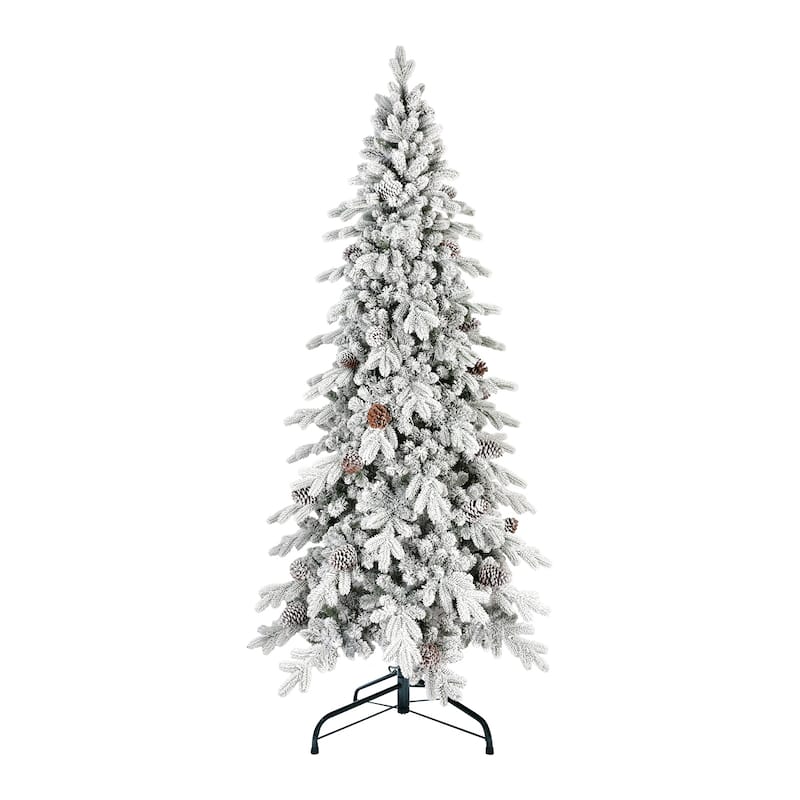 Flocked PE/PVC Christmas Tree - Pine Cones, Hinged Branches, Metal Stand, Snowy Look - White+Green
